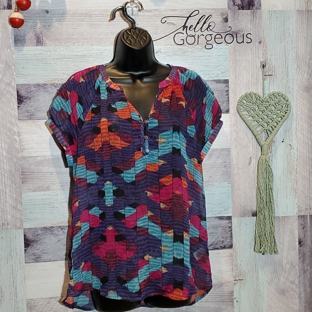 Liz Claiborne Dark Jewel Tones Multicolor Sheer Blouse Geo, Sz M